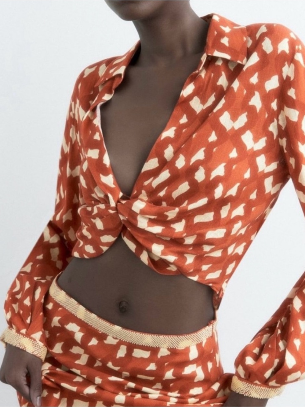 Zara Rust Patterned Button-Front Crop Top - Picture 9 of 15
